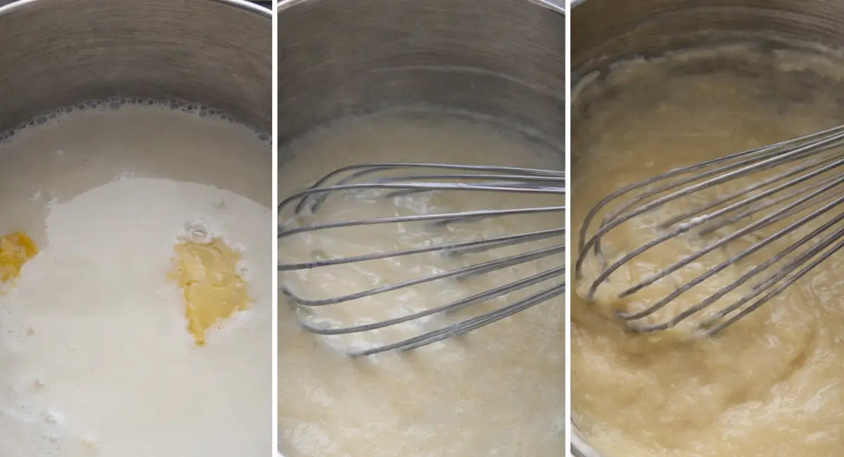 Collage showing milk mixture heated and whisked until thickened into semolina filling.
