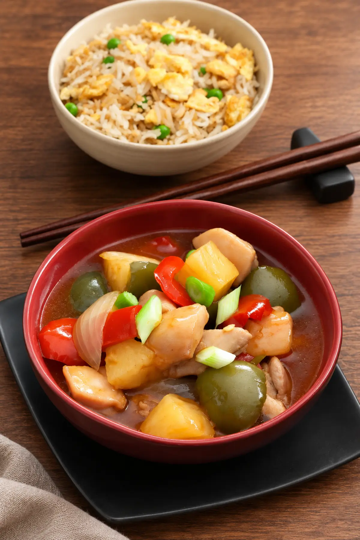 Glossy chicken and pineapple stir-fry with red and green capsicums and sliced scallions.