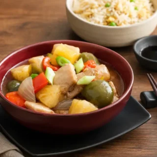 Pineapple chicken stir-fry served in a red bowl with fried rice and soy sauce.