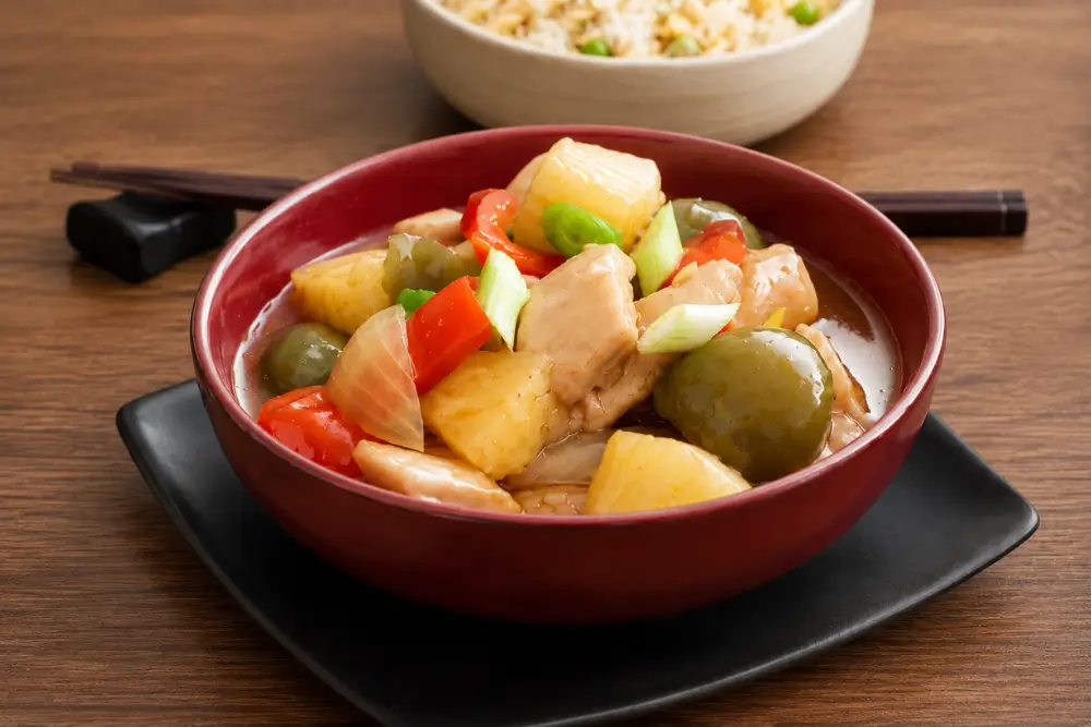 Sweet and Sour Chicken Stir Fry with pineapple, capsicums and sliced scallions, served beside fried rice.