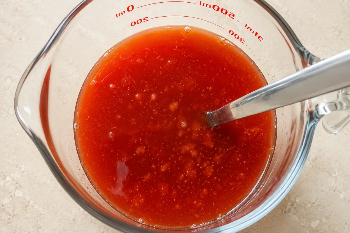 Sweet and sour sauce ingredients mixed in a glass measuring jug.