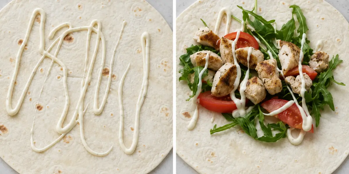 Tortilla with aioli beside chicken, rocket and tomato filling ready to wrap.