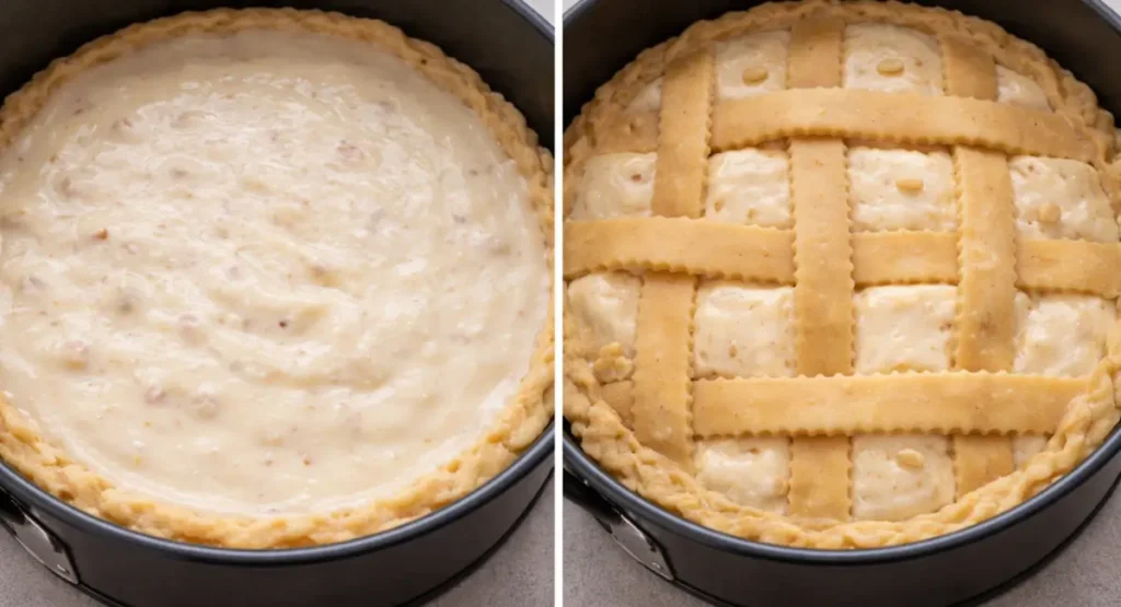 Close-up of unbaked pastry with lattice strips over creamy filling.