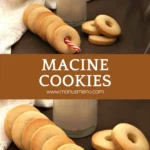 "Macine cookies arranged on a table with a bottle of milk in the background.