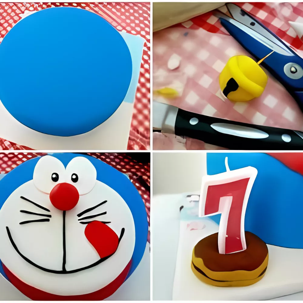Covering the cake with blue fondant and adding Doraemon’s face and bell details.