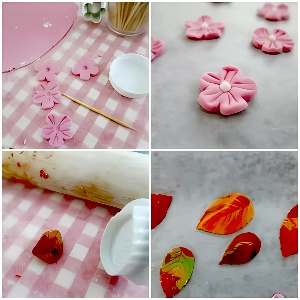 Making pink fondant cherry blossoms and colourful leaves on a pink mat.