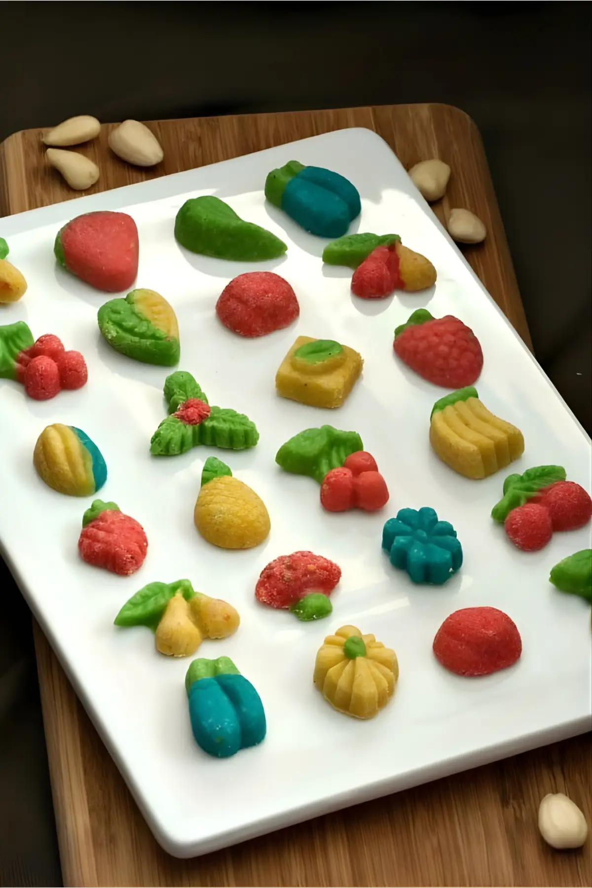 Colourful Goan marzipans shaped like fruit arranged neatly on a white platter.