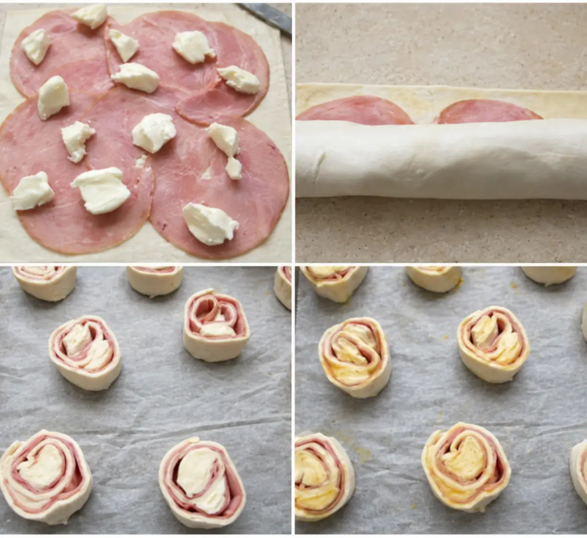 Ham and cheese pinwheels prepared with puff pastry, ham and Stracchino cheese.