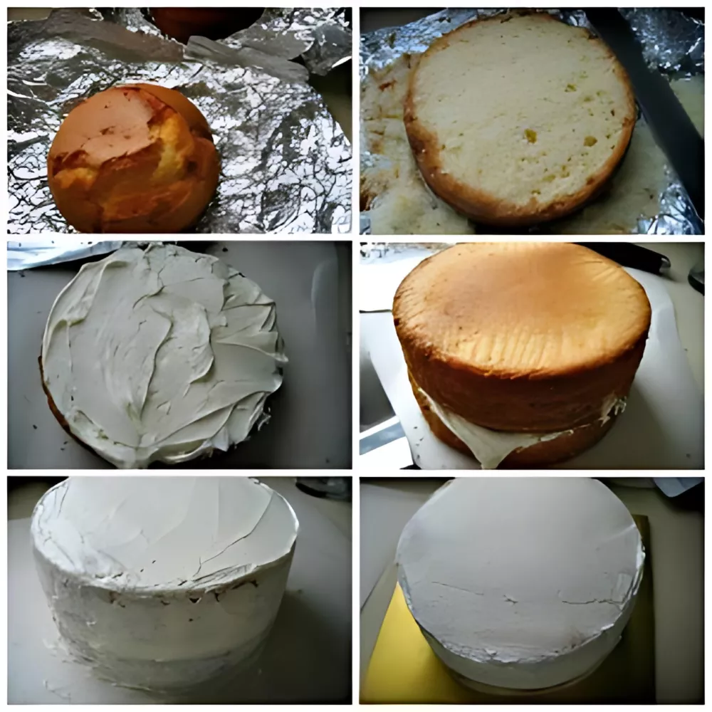 Yoghurt cake layers being filled, stacked, and covered with icing for crumb coating.