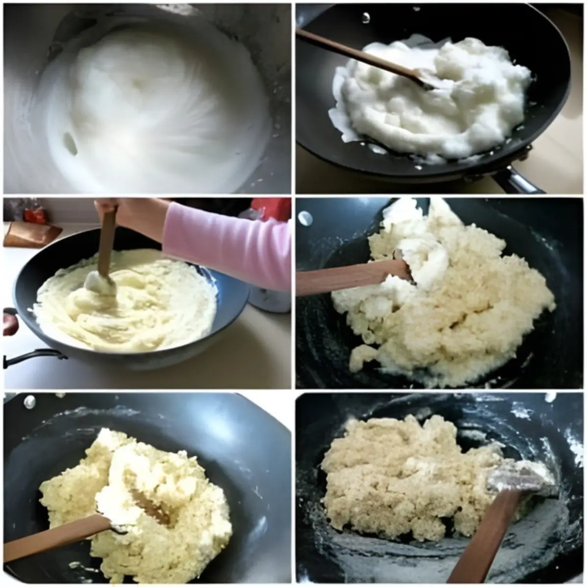 Beaten egg whites mixed with almond meal and sugar in a non-stick pan while cooking.