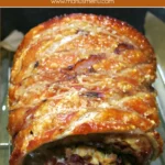 Golden-brown roast pork with perfect crackling fresh from the oven.