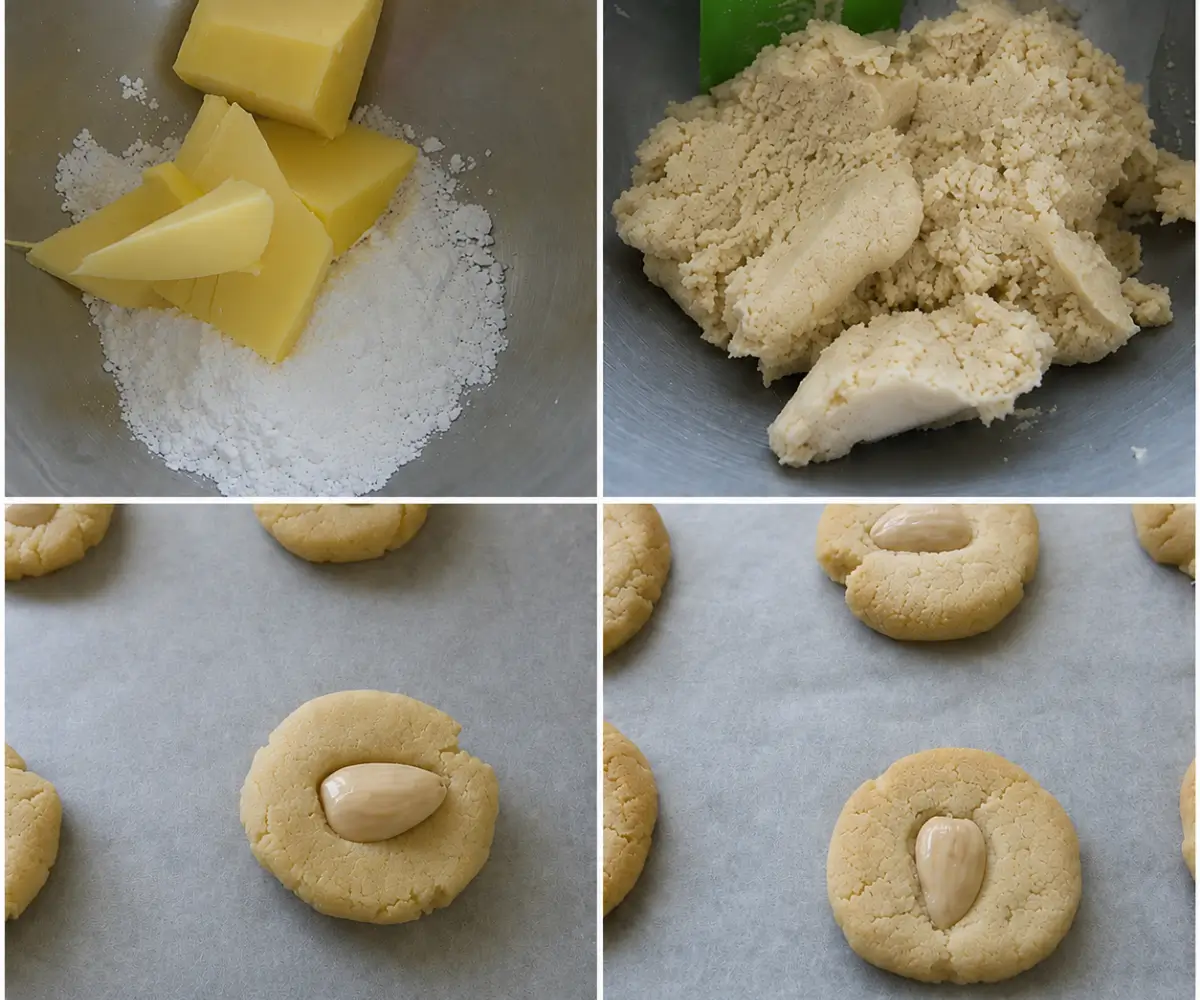 Almond cookie dough after mixing, shaping, and topping with whole almonds before baking.