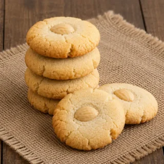 Homemade almond shortbread cookies stacked on a rustic hessian cloth.