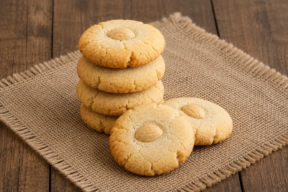 Homemade almond shortbread cookies stacked on a rustic hessian cloth.