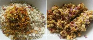 Bowl of breadcrumb stuffing with chopped onion, fruit, pistachios, and sage.