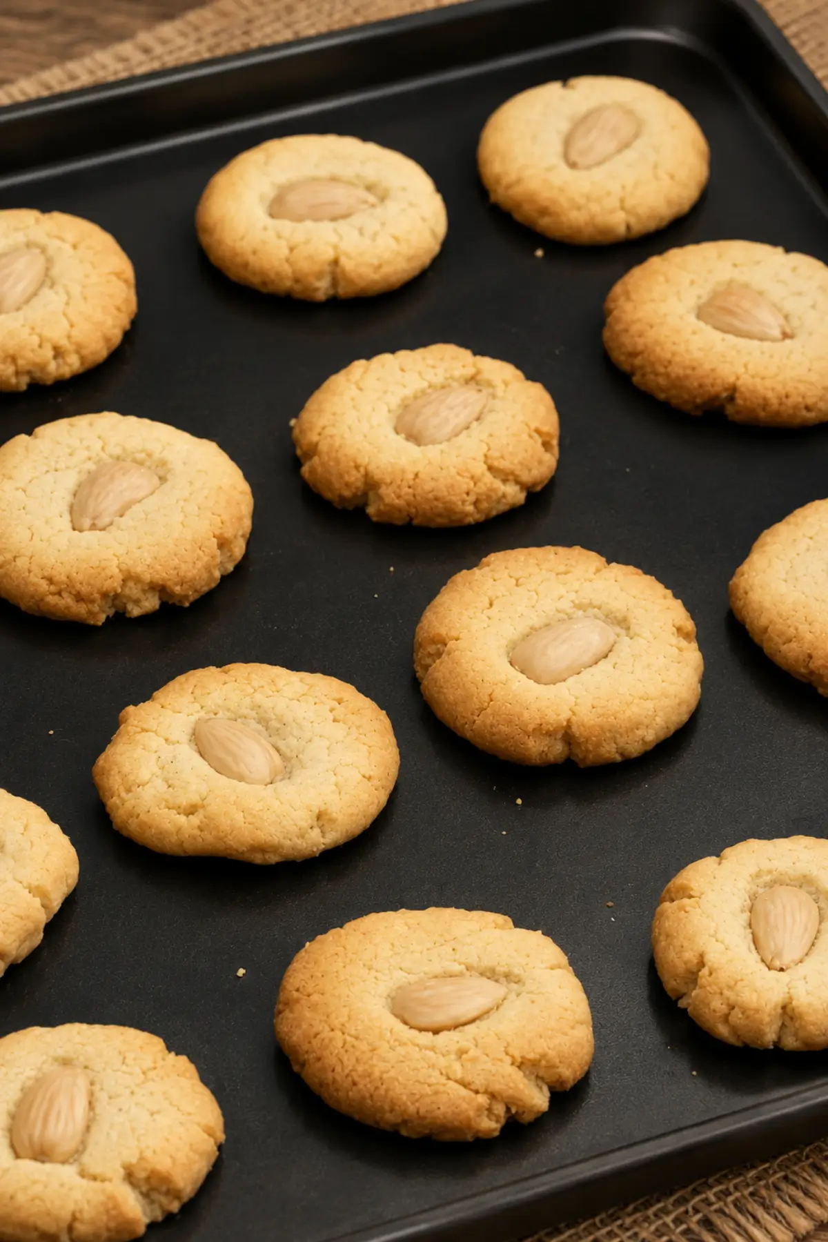 Close-up of baked almond cookies with whole almonds in the centre.
