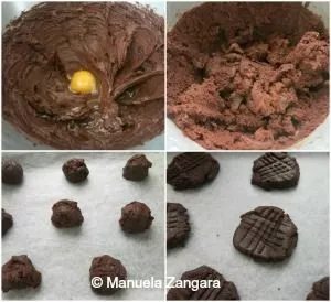 Step-by-step process of mixing, shaping, and pressing chocolate cookie dough before baking.