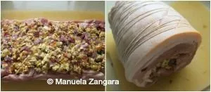 Pork loin filled with stuffing and tied tightly.