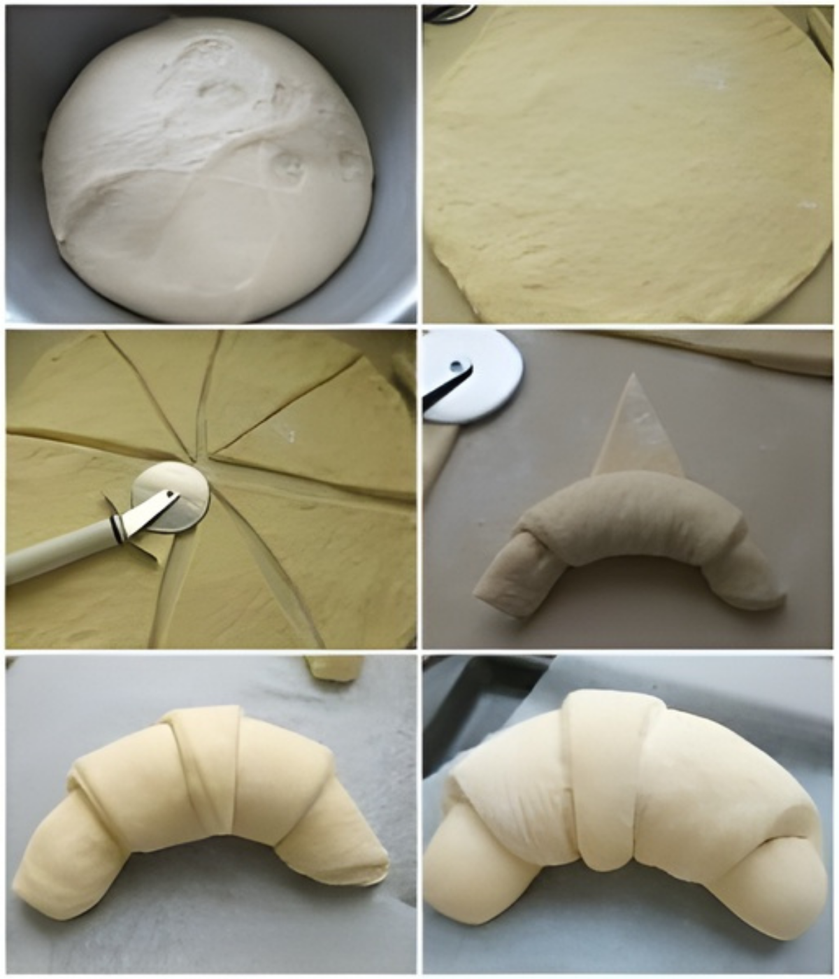 Dough rolled, cut, and shaped into croissants before baking.