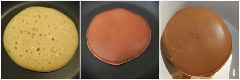 Pancakes cooking on a non-stick pan, showing golden and even browning for Nutella Dorayaki.