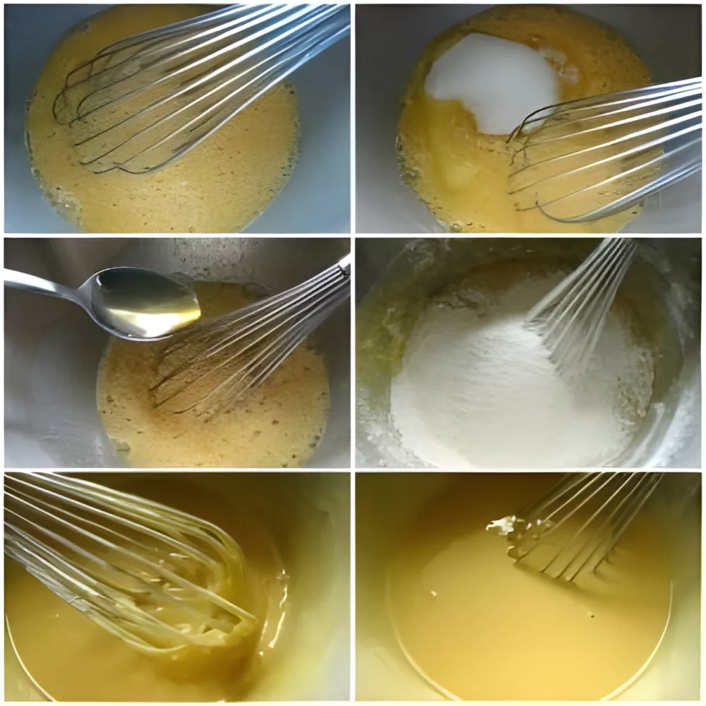 Whisking eggs, sugar, and honey in a bowl to make the Nutella Dorayaki batter.
