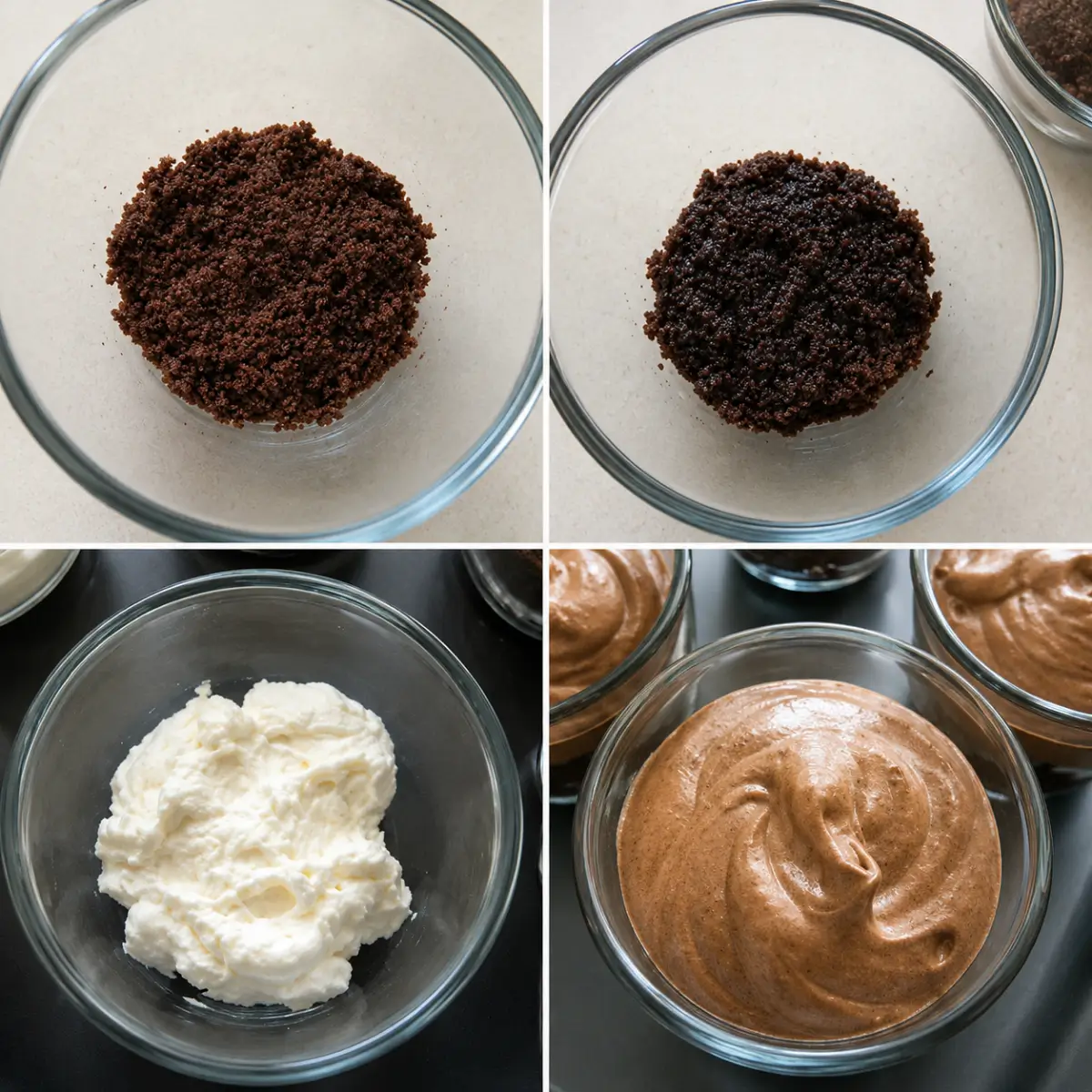 Chocolate cake pressed into serving glasses with whipped mousse prepared for layering on top.