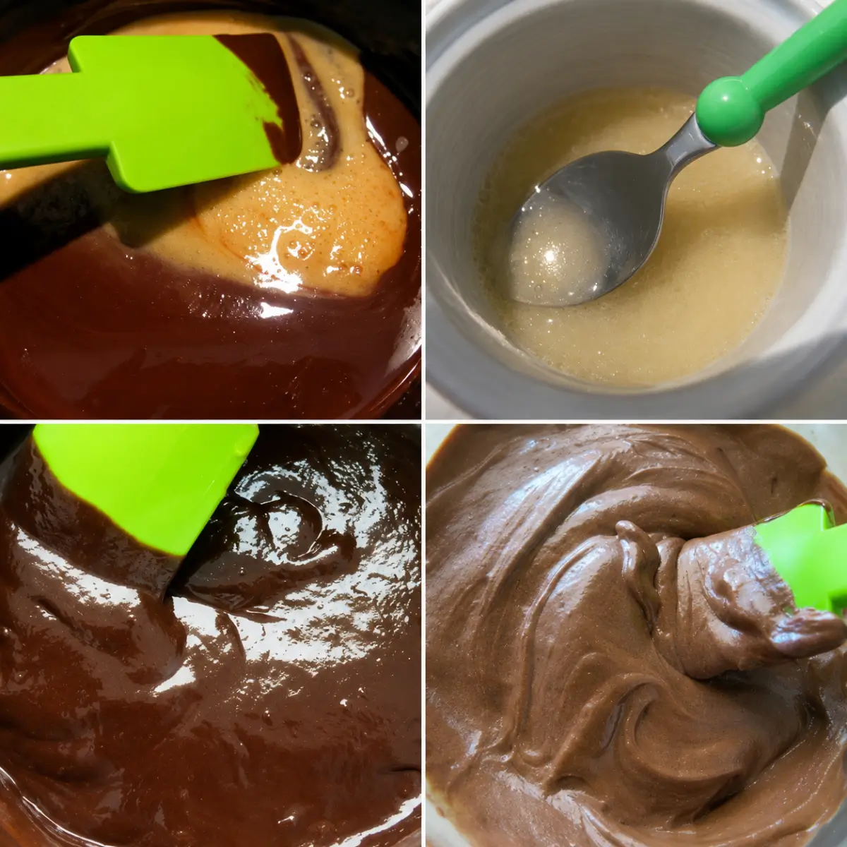 Melted chocolate, dissolved gelatine, and whipped cream being folded together with a green spatula.