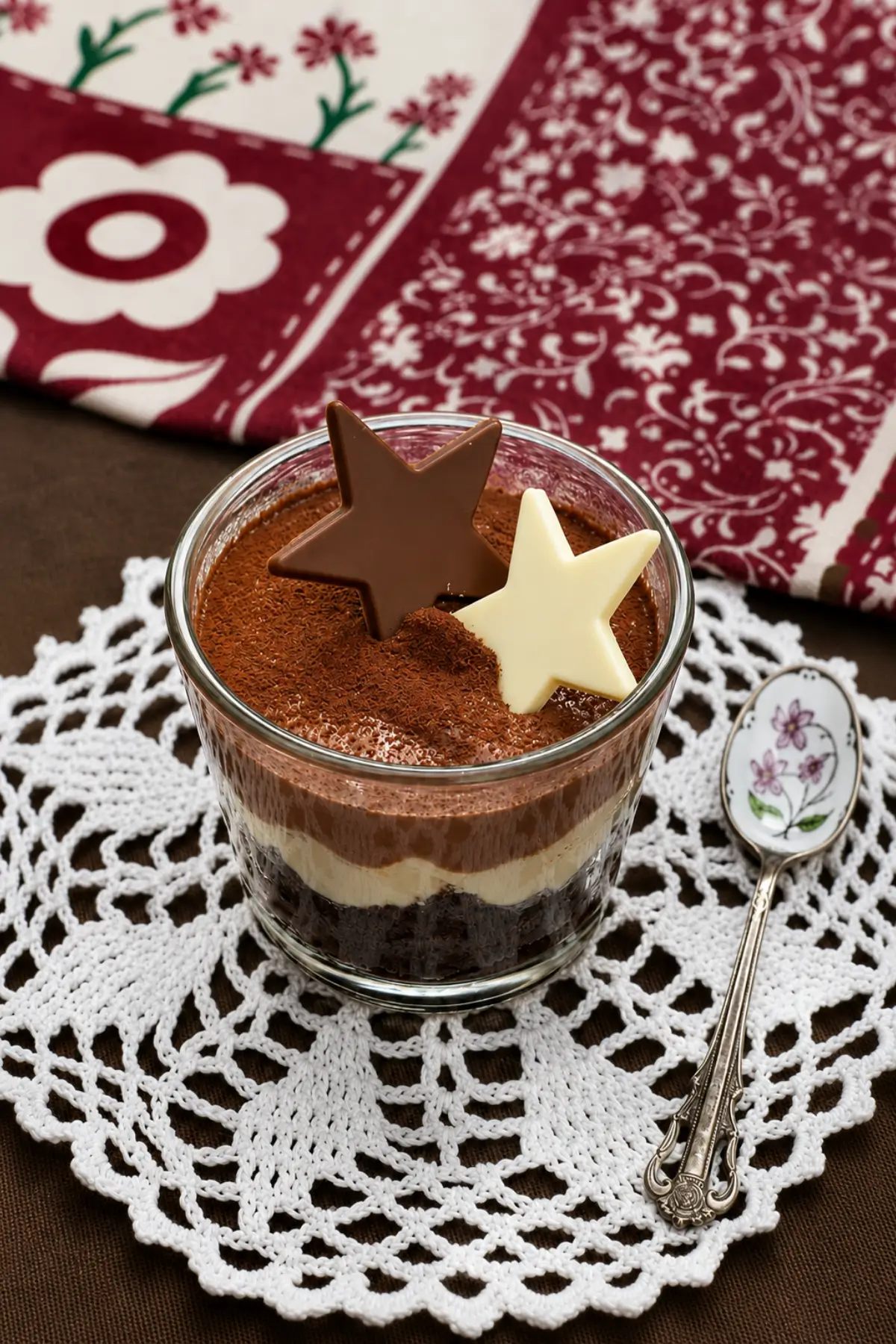 Chocolate mousse topped with cocoa powder and chocolate stars in a glass dessert cup.