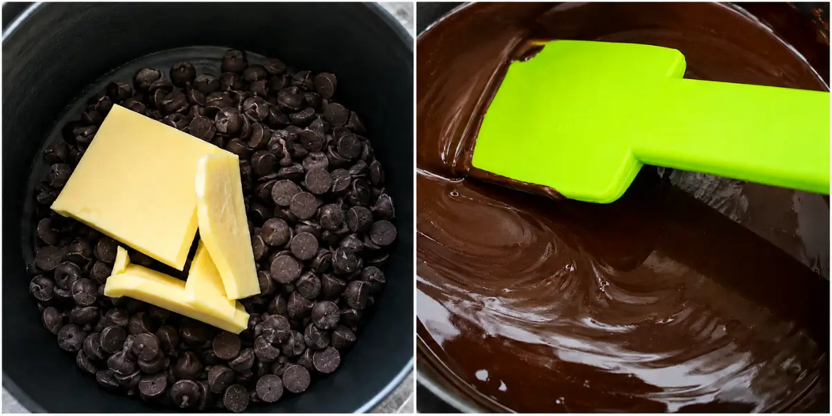 Dark chocolate chips and butter melting in a saucepan.
