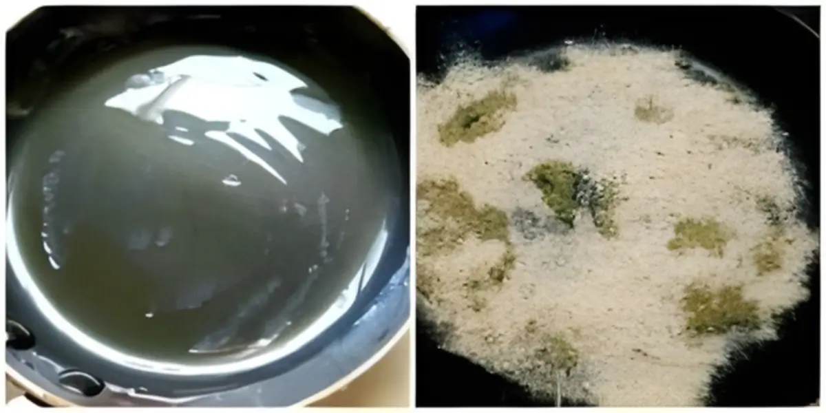 Non-stick pan greased with olive oil and sprinkled with breadcrumbs before adding pasta.