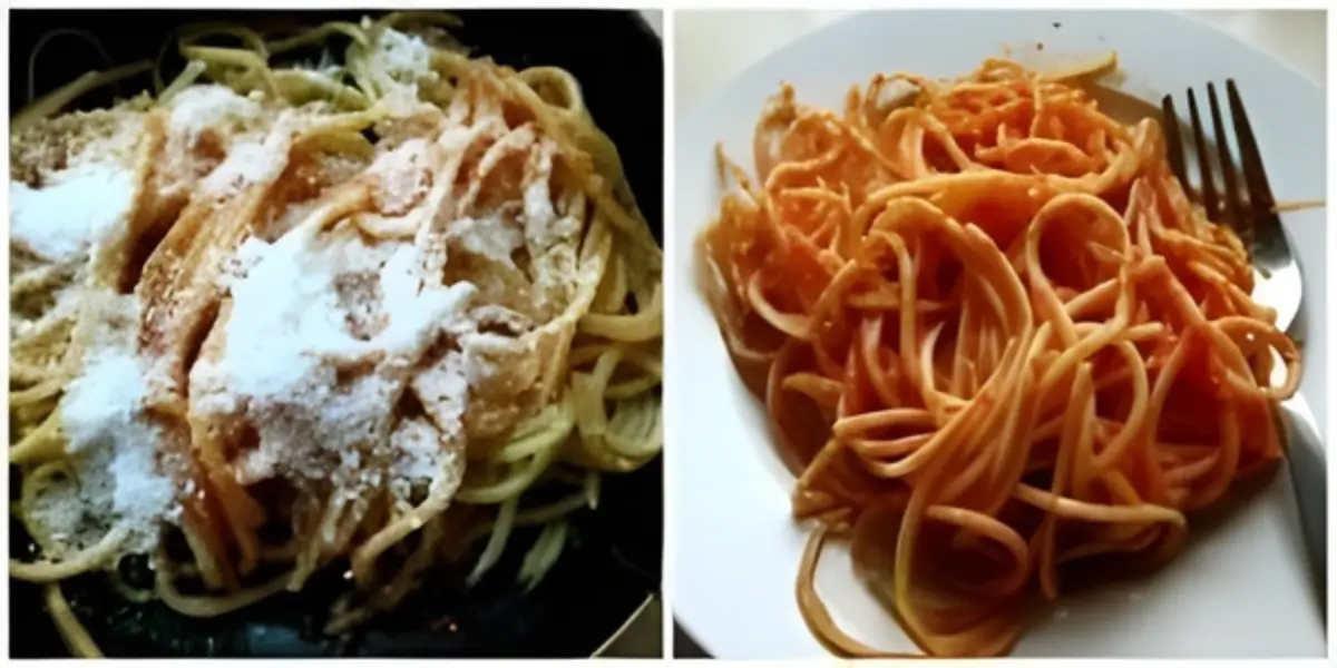 Leftover spaghetti mixed with tomato sauce and grated Parmigiano Reggiano in a bowl.
