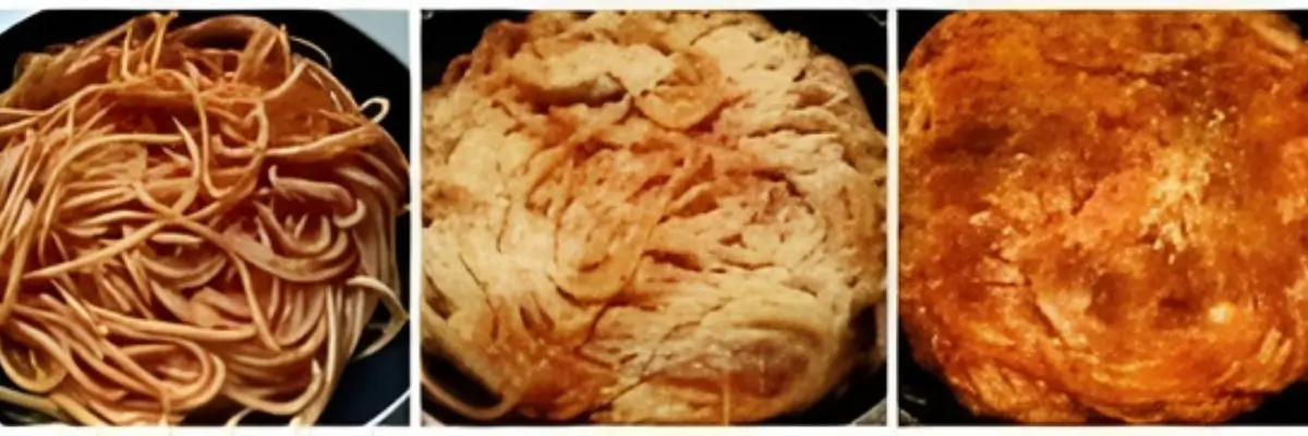 Spaghetti pressed into a compact cake in a frying pan, forming a crust.