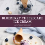 Homemade blueberry cheesecake ice cream served in a waffle cone with fresh blueberries and cookie crumbs.