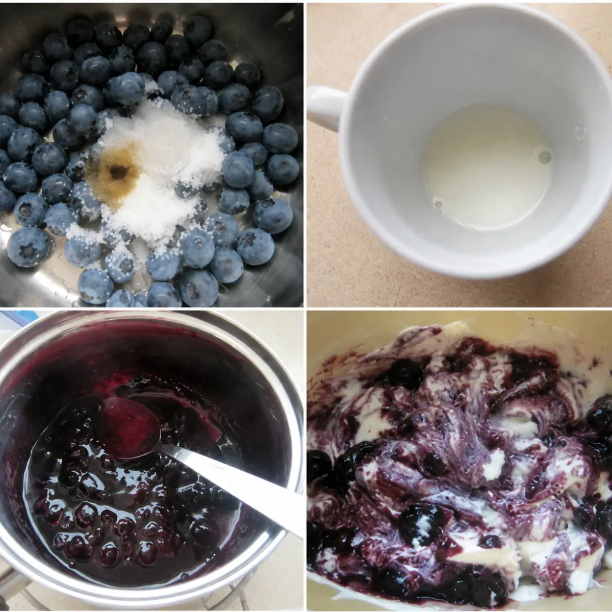 Fresh blueberries are combined with sugar and vanilla, the cornstarch slurry is prepared, the blueberry sauce is cooked, and the finished sauce is swirled through the cheesecake ice cream base.