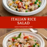 Italian Rice Salad served in a bowl with tuna, ham, Swiss cheese, vegetables and fresh basil.