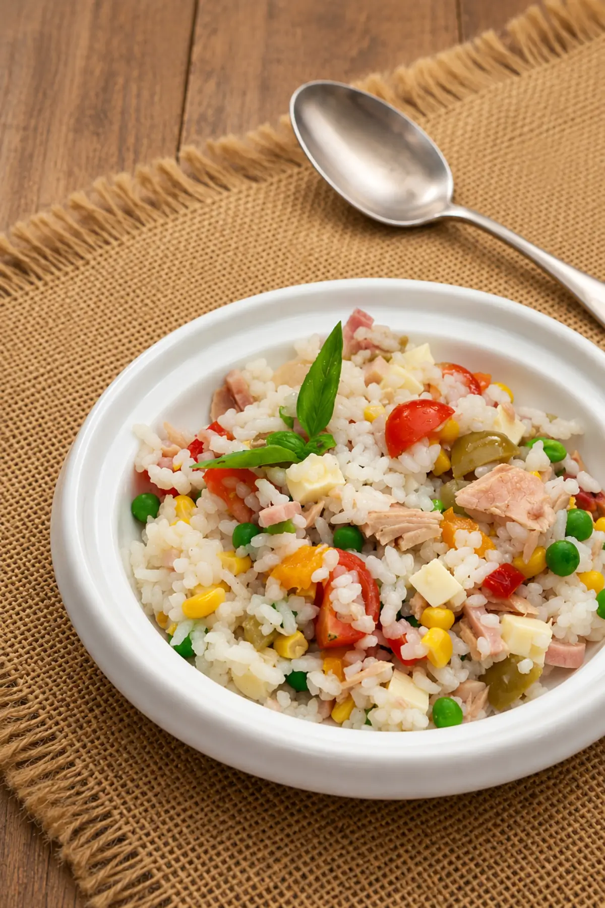 Chilled rice salad topped with fresh basil, cherry tomatoes, olives, peas, corn, tuna and cubes of cheese.