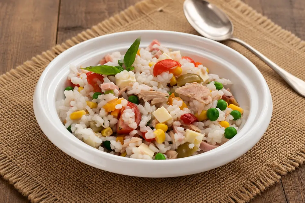 Italian Rice Salad served in a bowl with tuna, ham, Swiss cheese, vegetables and fresh basil.