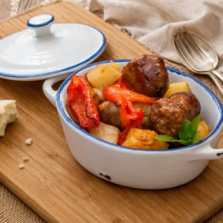 Italian Sausage with Bell Peppers served with golden potatoes in a white baking dish.