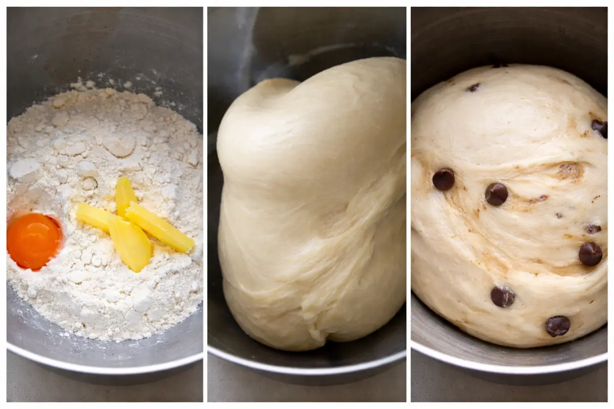 Flour, egg, and butter in a mixing bowl followed by smooth kneaded dough with chocolate chips.