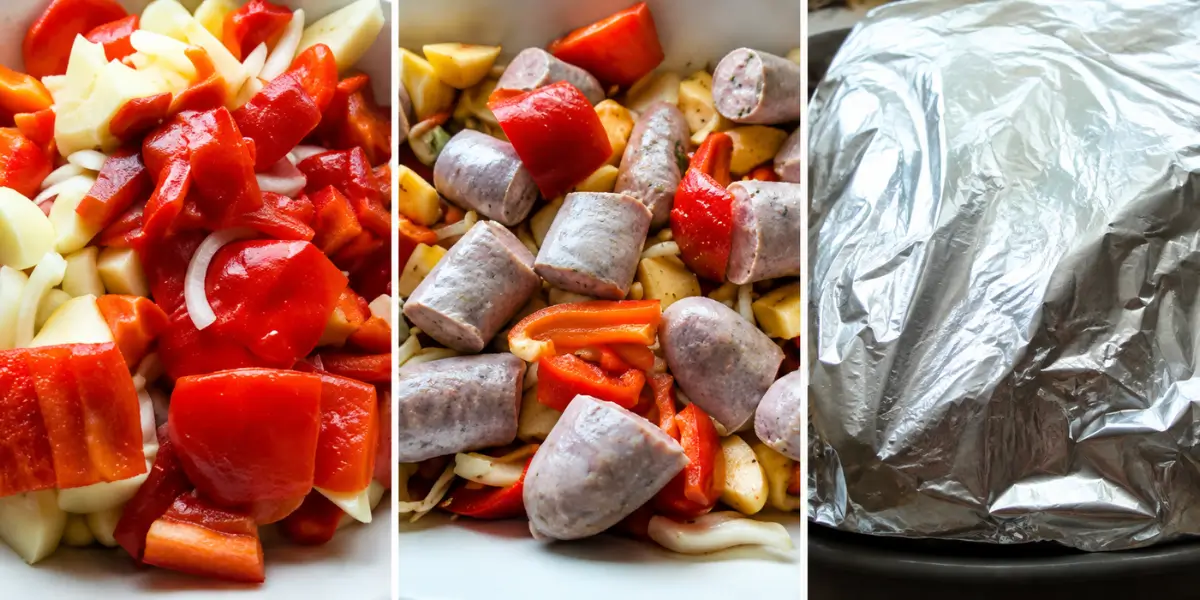 Three preparation stages showing seasoned vegetables, chopped pork sausage and the baking dish covered with aluminium foil.