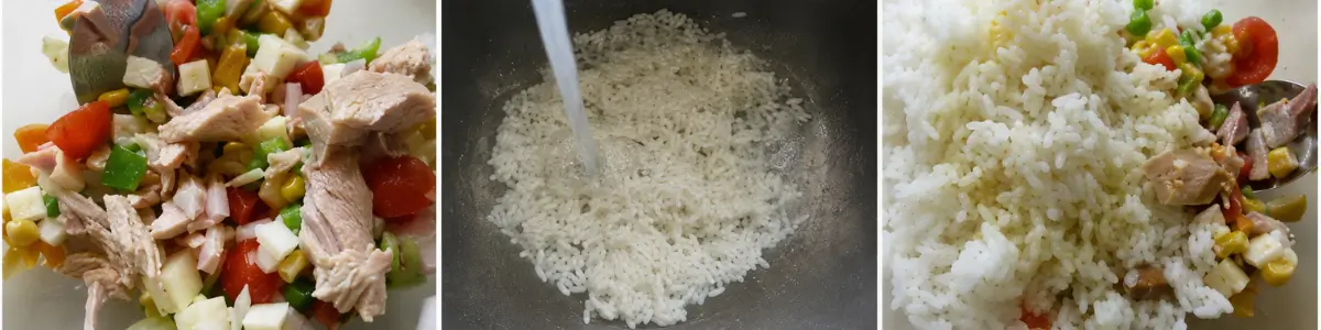 Cooked rice being rinsed, combined with tuna, ham, cheese, vegetables and olive oil.