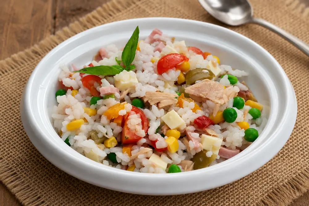 Chilled rice salad topped with fresh basil, cherry tomatoes, olives, peas, corn, tuna and Swiss cheese.