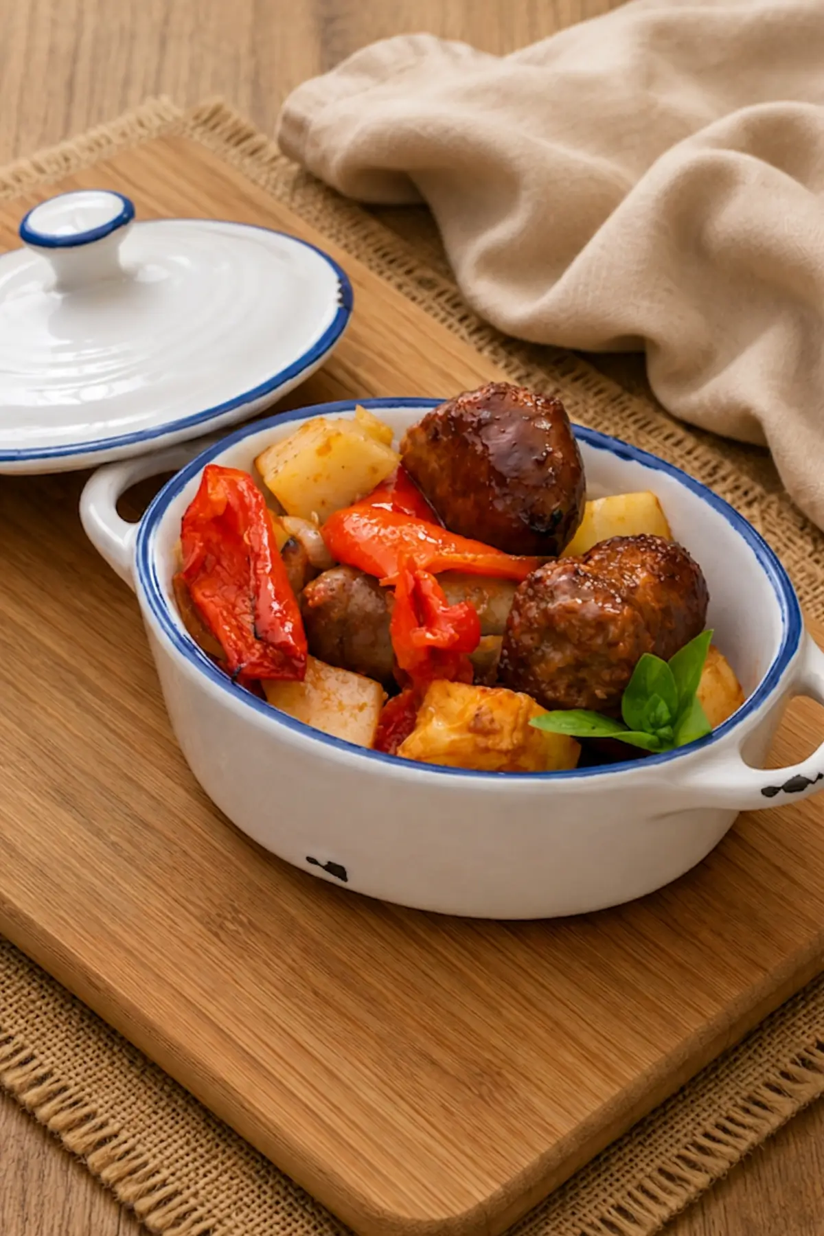 Baked sausage with sweet red peppers and golden potatoes in a white serving dish.