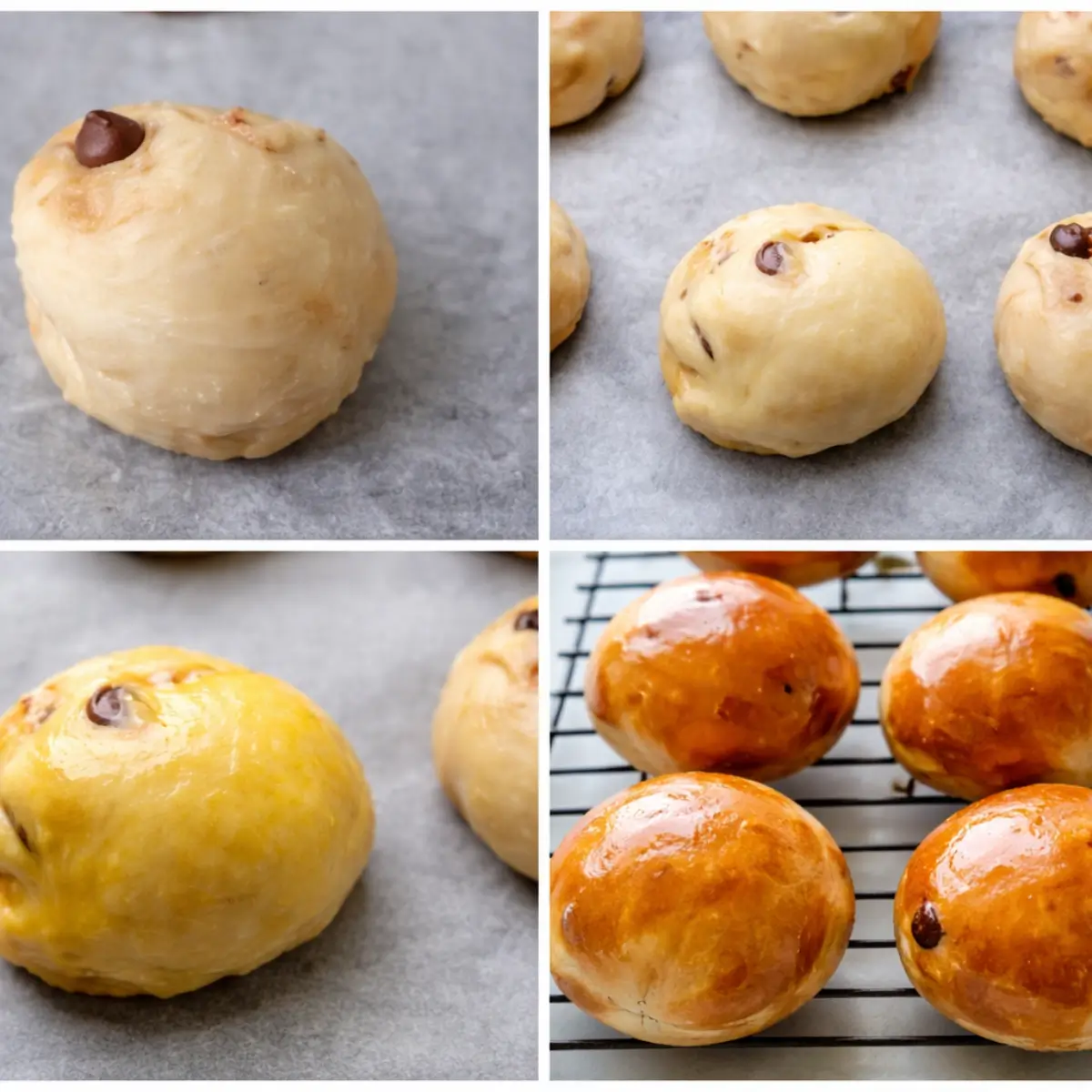 Smooth dough balls with chocolate chips placed on a tray before baking.