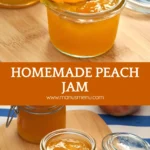 Close-up of a spoon lifting glossy homemade peach jam from a glass jar.