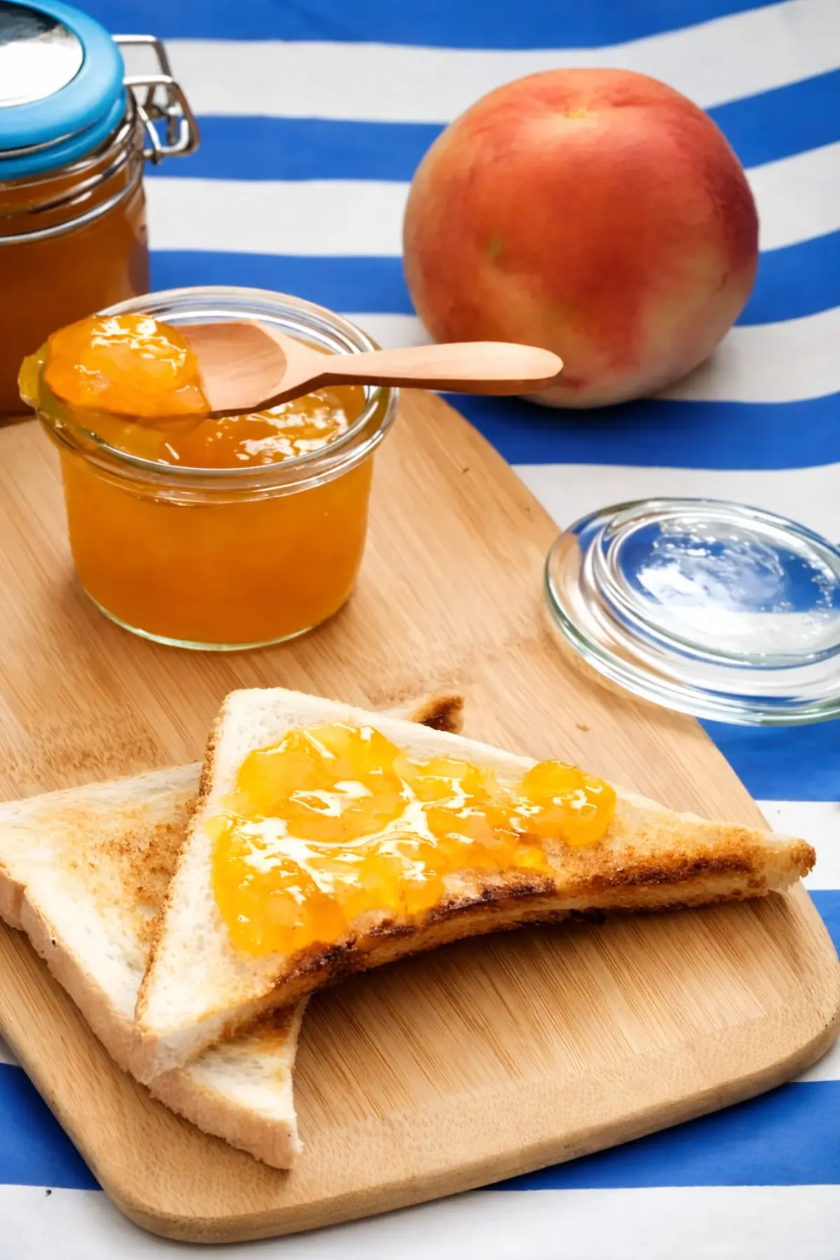 Peach preserve spread on toasted bread with a fresh peach and a jar of jam.