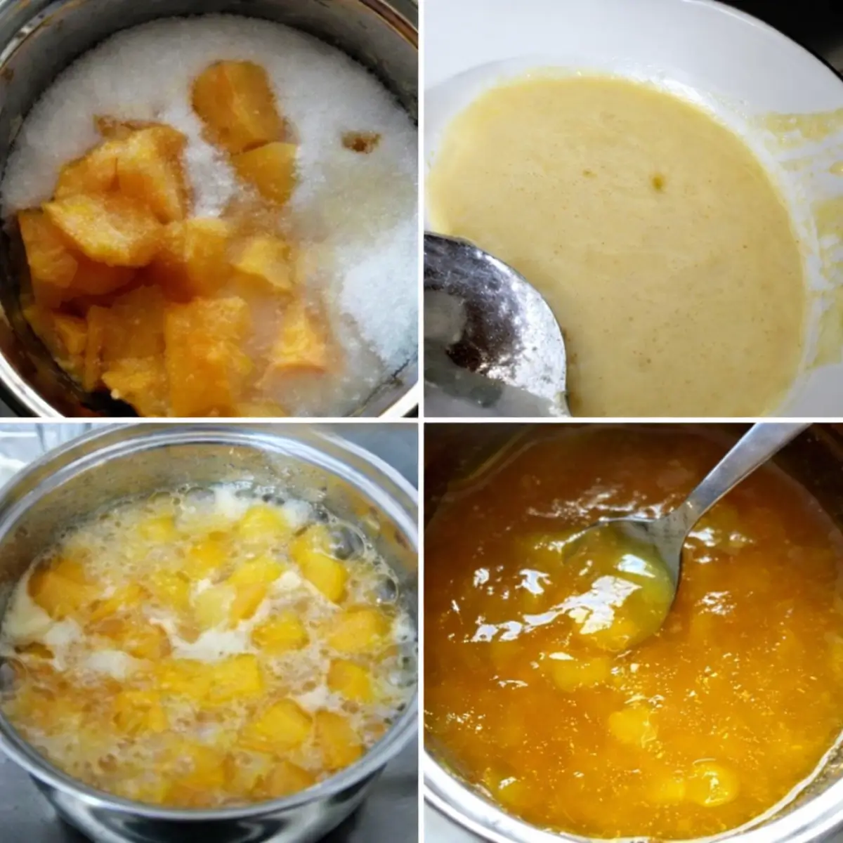 Preparation from fresh peaches and sugar to thickened jam.