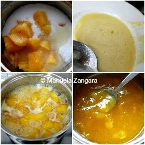 Step-by-step peach jam recipe showing how the fruit cooks into a golden, thickened jam.