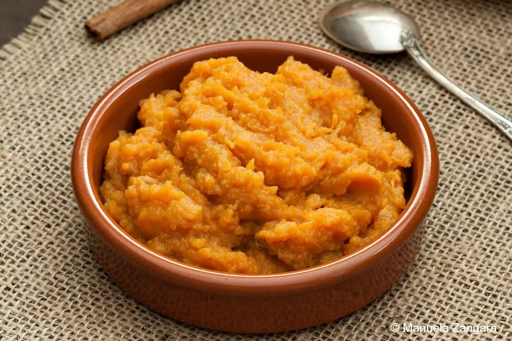 Close-up of creamy sweet potato mash in a brown dish.
