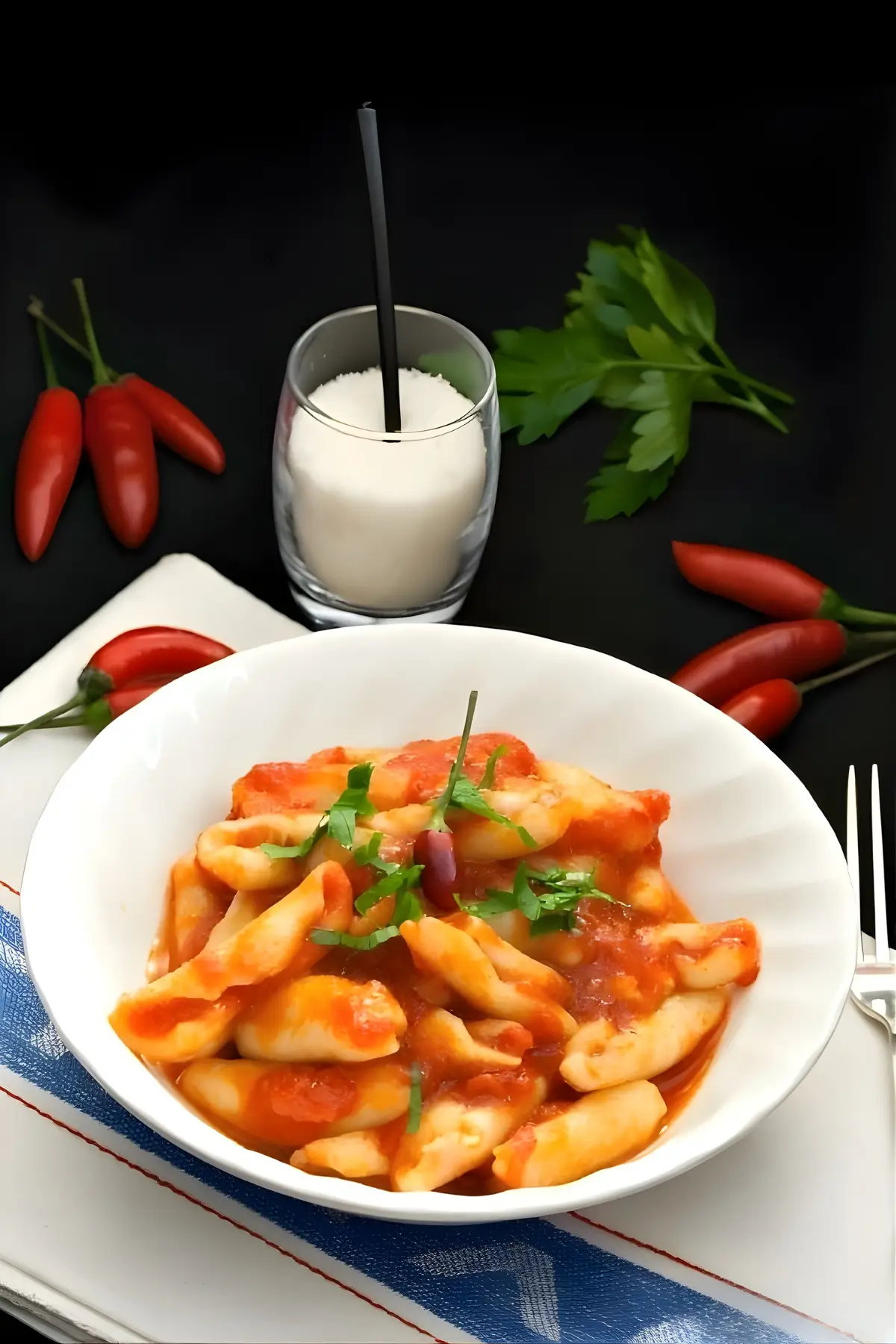 Red chillies, parsley, and Pecorino Romano prepared for serving.